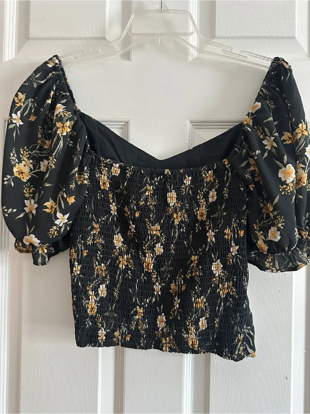 Abercrombie & Fitch Black Floral Puff Sleeve Top with Yellow Accents